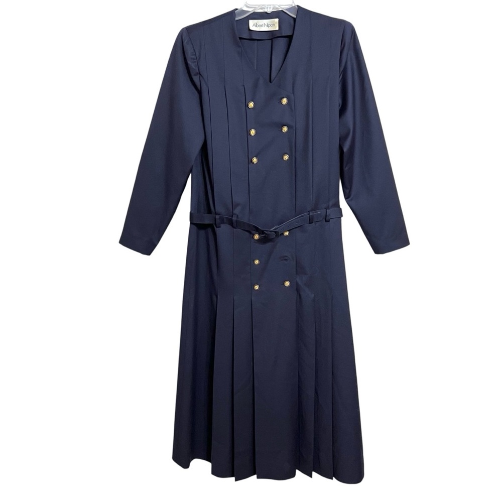 Albert Nipon Vtg Old Money Minimalist Shirt Dress 6 Navy Luxury Wool Academia